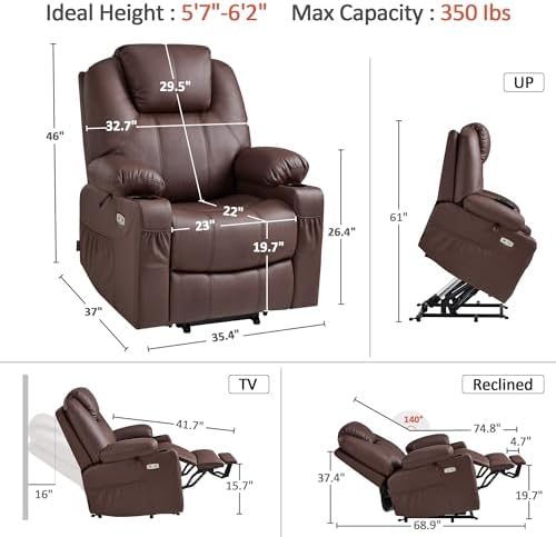MCombo Large Power Lift Recliner Chair with Massage and Heat for Tall Elderly People, 3 Positions, Cup Holders, and USB Ports, Faux Leather 7516 (Large, Light Brown) - Image 3