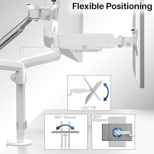 VIVO 17 to 32 inch Dual Pneumatic Monitor Mount, 2 Pneumatic Arms, Adjustable Swivel, Rotation, Heavy Duty VESA Desk Stand with C-clamp, Grommet, Max VESA 100x100, White, STAND-V002KW - Image 5