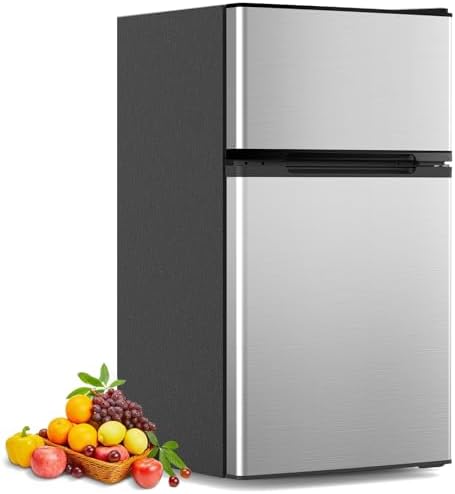 COWSAR 3.2 Cu.Ft Fridge with Freezer, Double Door Compact Refrige for Bedroom, Adjustable Thermostat, Energy-efficient Low Noise Small Refrigerator For Dorm, Office, Bar, RV, Commercial,Silver by COWSAR