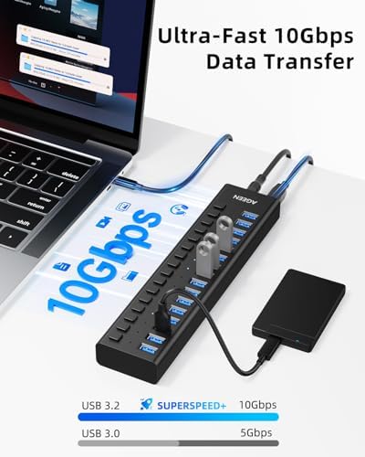 AGEEN 16-Port Powered USB 3.2 Hub, 10Gbps Data Transfer, 96W Power Adapter - Image 3