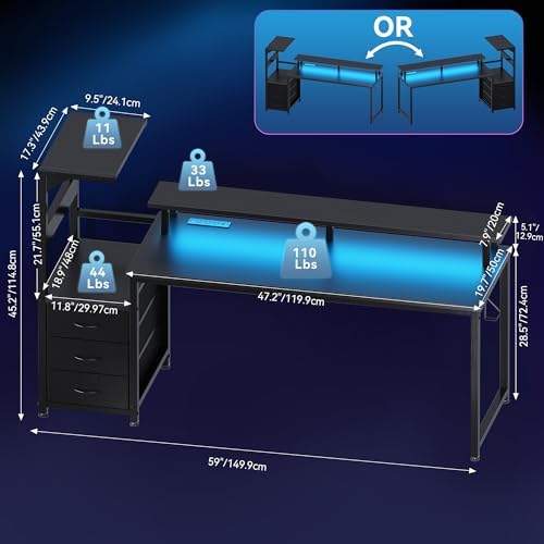 DUMOS 59” Reversible Gaming Computer Desk with Drawers and Power Outlet - Image 3