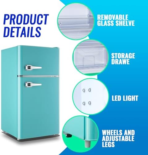 Small Refrigerator with Freezer Double Door Mini Fridge Adjustable Glass Shelves, Detachable Handle,7 Level Temperature Control Fridge for Dorm, Office, Apartment Blue - Image 3
