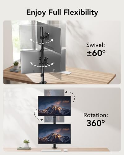 HUANUO Vertical Dual Monitor Mount, Stacked Monitor Stand for 2 Monitors with Height Adjustment Computer Monitor Arm Supports Two 17 to 32 Inch with C Clamp Each Desk Mount Hold up to 17.6lbs - Image 4