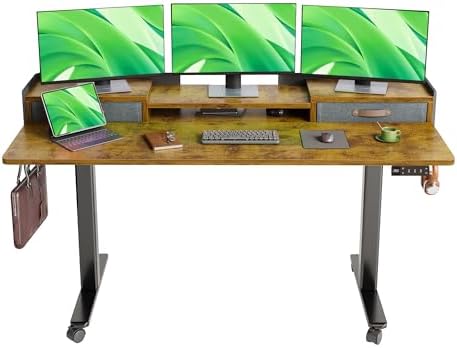 Claiks Standing Desk with Drawers & Wheels, 2 Height Shelf 63" Rustic Brown by CLAIKS