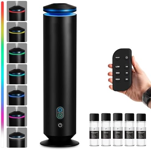 Waterless Scent Diffuser Starter Kit - 1500 Sq Ft Coverage, Scent Diffuser for Home, Hotel, Studio, Essential Oil Diffuser Large Room, 7 Mood Lights Setting, 5 Essential Oils Included, Black, 11.50In by Unknown