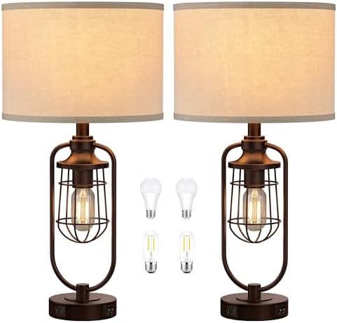 24" Rustic Farmhouse Table Lamps Set of 2 for Living Room, USB A+C - Image 7