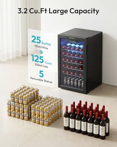 EUHOMY 125 Can Wine Cooler Refrigerator, Wine Fridge Glass Door, Black - Image 3