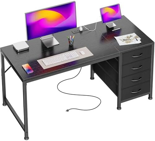 PRAISUN 47.2Inch Computer Office Desk with Power Outelts and USB-C Port, Reversible Gaming Desk with 4 Fabric Drawers, Work Study Desk Work from Home, Black by PRAISUN