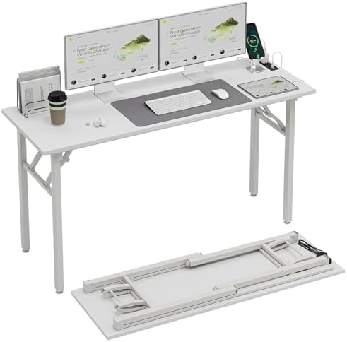 TEMI Long Computer Desk Folding Table - No Assembly, Compact 55.1" Foldable Desk with Power Outlets & USB Charging Port, Portable Lagre Office Desk, Ideal Large Study Table for Narrow Spaces,White Ash by TEMI