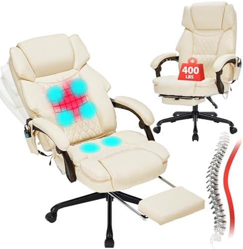 Massage Office Chair with Foot Rest 6 Points Vibration and Heat Home Office Desk Chairs for Heavy People 400lbs Reclining Managerial Chairs Ergonomic Executive Chair (Cream) by BUYNOW