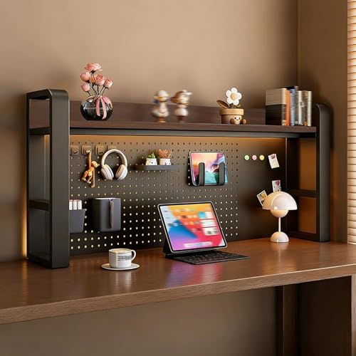 2/3/4 Tier Desktop Bookshelf with Pegboard and Storage Parts, Metal Desktop Organizer Hutch, Desk Shelves for Top of Desk, Shelf Organizer Display Rack for Dorm Home(Black+Brown,2-tier L37.4in) by Unknown