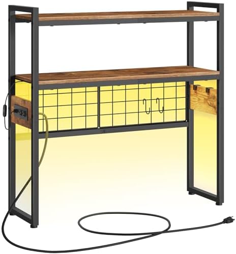 HOOBRO Desktop Bookcase, 2-Tier Desktop Organizer, 29.9" Wooden Office Storage Rack with Outlets, Display Shelf Rack with Light Strip, Desk Hutch for Office, Rustic Brown BF11UDSJ01 by HOOBRO