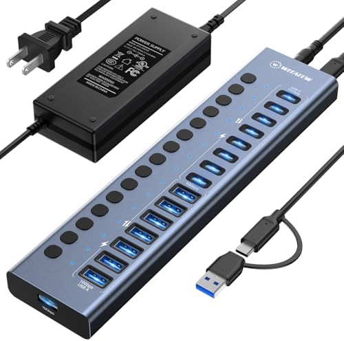 Powered USB 3.2 Hub, 16 Port USB Hub with 10Gbps Data Speed, 8 USB-A & 8 USB-C Ports, 96W Power Adapter for PC, Laptop, Printer, Camera by WEEAEEW