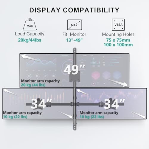 WALI Stacked Triple Monitor Wall Mount for 49" Curved and Dual 34" Monitors - Image 2
