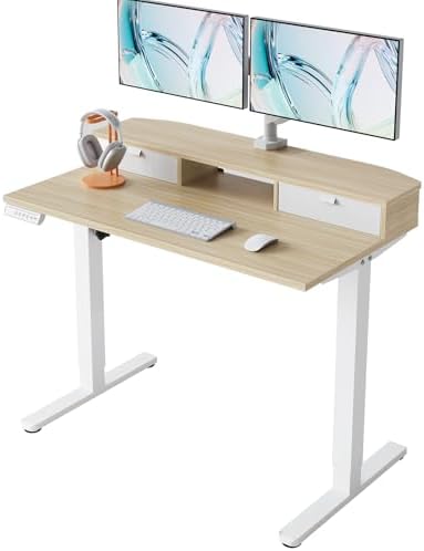 HUANUO 40" X 24" Electric Standing Desk with 2 Drawers, C-Clamp Mount Compatible, Height Adjustable Computer Desk, Home Office Stand Up Desk with 4 Preset Heights & 2 Hooks, Light Walnut by HUANUO