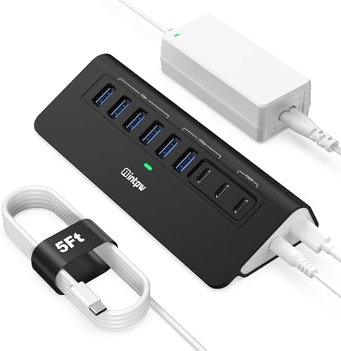 Powered USB Hub 10Gbps, intpw YH6AC 9-Port USB HUB with USB A/USB C 3.2, 4 USB 3.0, 2 PD 45W Charging Port, 65W Power Adapter + 5FT Cable, Aluminum USB Hub for Laptop, PC,iPhone 17/16 by intpw