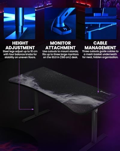 Arozzi Arena Special Edition Ultrawide Curved Gaming and Office Desk with Full Surface Water Resistant Desk Mat Custom Monitor Mount Cable Management Cut Outs - Gunmetal Galaxy - Image 5