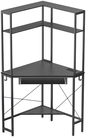 Corner Desk with Hutch and LED Light, Keyboard Tray, Carbon Black by Uniheim