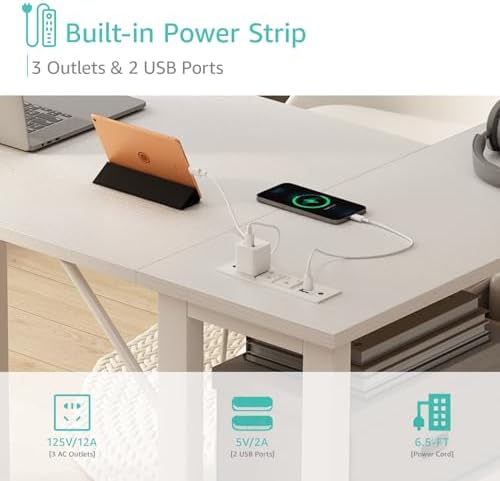 Lufeiya White L Shaped Computer Desk with Drawers & Storage Shelves, 47 Inch Corner Reversible Desk with Power Outlet for Home Office Bedroom, L-Shaped Teen PC Desks with Fabric Drawer, White - Image 6