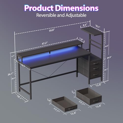 Mericonia 60 inch Gaming Desk with Drawers, Reversible Computer Desk, Black - Image 2
