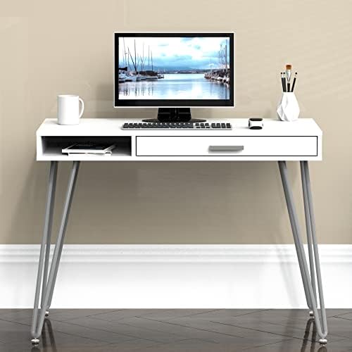 SHW Home Office Computer Hairpin Leg Desk with Drawer, White - Image 2