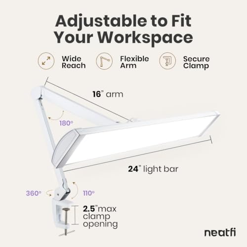 Neatfi Pro LED Task Lamp with Clamp | 2,300 Lumens | CRI 95 | Touch Dimming | 180 LED Beads | 6500K Daylight | 30W Desk Light for Nails, Crafts & Workbench (White-5, 24-Inch Wide Shade) - Image 4