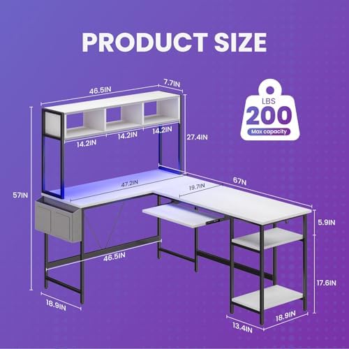 DUMOS 67" L Shaped Gaming Desk, Reversible Computer Desks with LED Lighting - Image 3