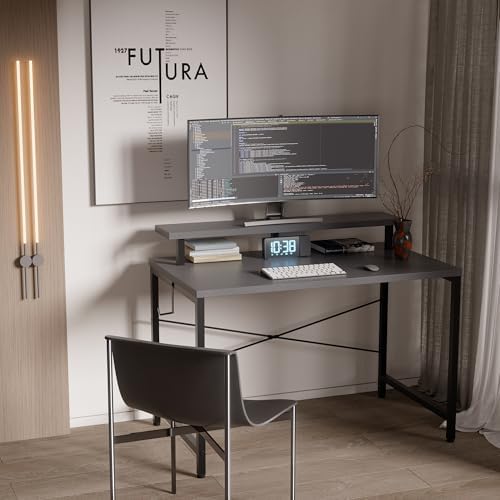Pamray 32 Inch Small Computer Desk with Monitor Stand, Simple Office Desk with Headphone Hook for Small Spaces, Kids Study Writing Table for Bedroom, Grey - Image 2