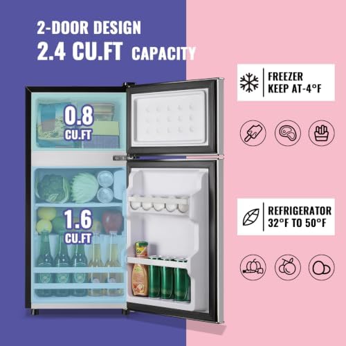 DEMULLER 2.4 Cu.Ft Small Refrigerator with Freezer Dorm Mini Fridge Removable Plastic Shelves Ideal for Home, Office,Dormitory Silver - Image 2