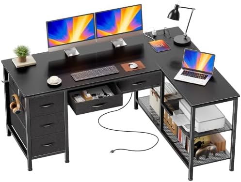 PRAISUN 47 Inch L Shaped Desk with Power Outlets, 5 Fabric Drawers by PRAISUN