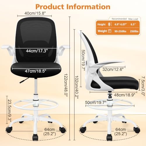 Drafting Chair Tall Office Chair with Flip-up Armrests, Adjustable Height, and Enhanced Lumbar Support - Ergonomic Rolling Stool, Back Support, and Adjustable Foot Rest Ring for Standing Desk White - Image 3