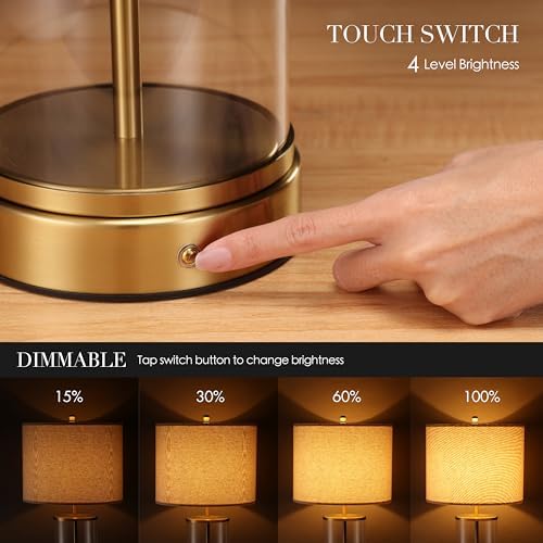 O’Bright Luma - Battery Powered Table Lamp, Cordless Glass Bedside Lamp with Rechargeable 10,000mAh Battery, Full Size 24 Inch Height, Touch Dimmer, Type-C Charging, Clear Glass Design, Antique Brass - Image 4