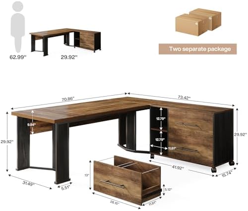 Tribesigns 70.86" Executive Desk with Mobile File Cabinet, Large L Shaped Computer Office Desk with 2 Drawers and Storage Shelves, Business Furniture Desk Workstation for Home Office (Rustic Brown) - Image 2