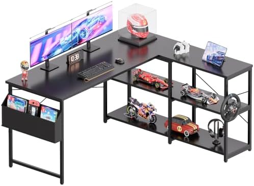Pamray 57.5 Inch L Shaped Computer Desk with Reversible Side Storage Shelves, Small Corner Desk for Small Space Home Office,Writing Study Table PC Desk for Bedroom,Black by PAMRAY