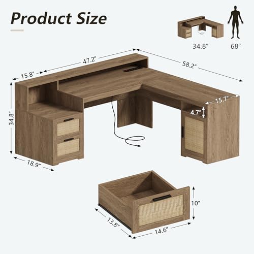 63" Rattan L Shaped Desk with Drawers & Printer Shelf for Home Office - Image 2