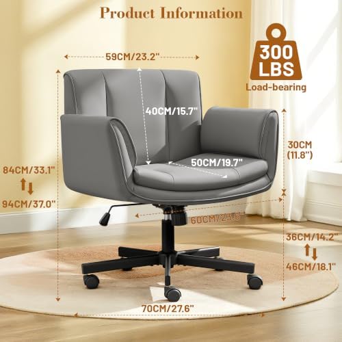 HeroSet Criss Cross Chair with Wheels & Armrests,Comfy Wide Vanity Chair,Scratch-Resistant Pu Leather Cross Legged Desk Chair,Height Adjustable Computer Office Desk Chairs for Home,Makeup,Bedroom - Image 2