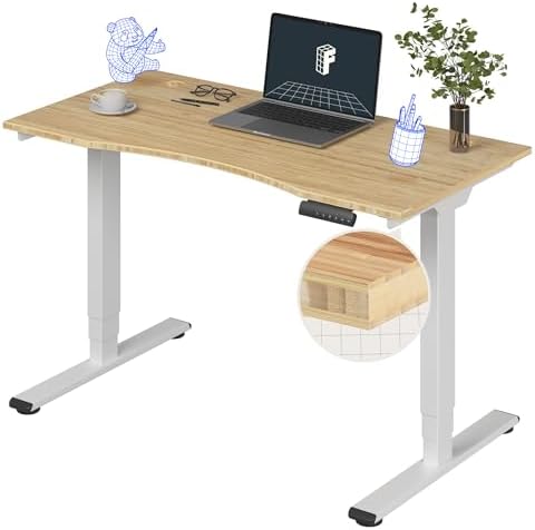 FlexiSpot E6 Bamboo 3-Stage Dual Motor Electric Standing Desk 48 x 24 Sit Stand Up Desk, Holds 220 lbs, Adjustable Height w/ Memory Presets, Solid Bamboo Curved Desktop & White Frame, Ships in 2 Boxes by Unknown