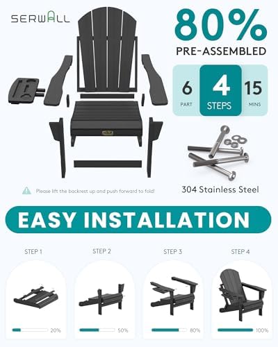 SERWALL Folding Adirondack Chair, 4 in 1 Cup Holder Patio Chair - Black - Image 3