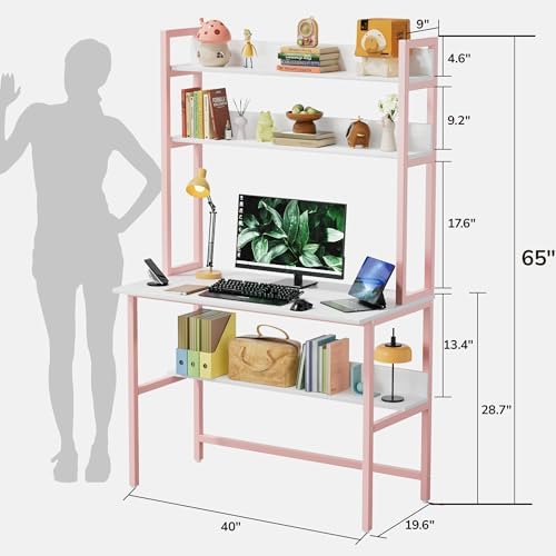 Aquzee 40 Inch Pink Desk with Shelves, Computer Desk with Hutch - Image 3