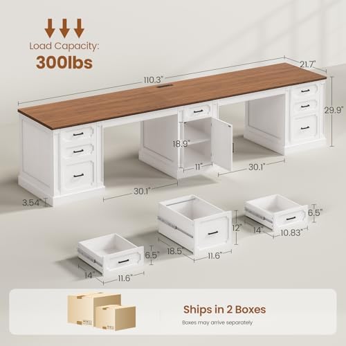 SEDETA Farmhouse 110.3" Two Person Desk with 7 Drawers, Long Computer Desk with Storage Cabinet, 2 Person Desk with Power Outlets for Home Office, White+Brown - Image 2
