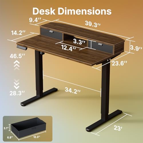 HUANUO 40" X 24" Electric Standing Desk with 2 Drawers, C-Clamp Mount Compatible, Height Adjustable Computer Desk, Home Office Stand Up Desk with 4 Preset Heights & 2 Hooks, Walnut - Image 2