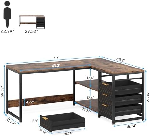 Tribesigns L Shaped Computer Desk with Storage Drawers, 59 inch Corner Desk with Shelves, Reversible L-Shaped Office Desk Study Writing Table Workstation for Home Office, Brown - Image 2