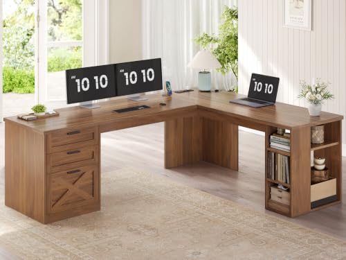 SEDETA 67" Farmhouse Executive L Shaped Desk with 3 Drawers by SEDETA