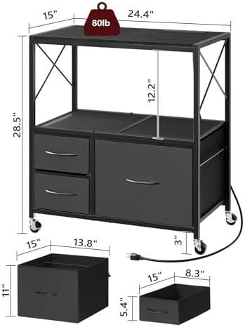 MAHANCRIS File Cabinet with Charging Station, 3 Drawer Lateral Filing Cabinet for Home Office, Mobile Printer Stand with Open Shelf, Fits A4/Letter Size File, Nonwovens Drawer, Black FCHB98E01 - Image 3