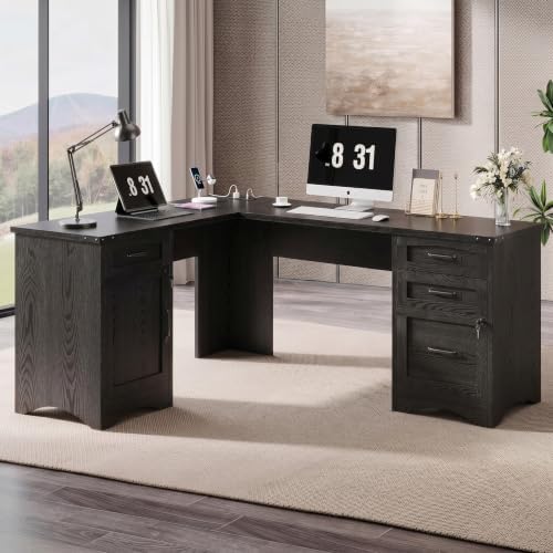 Decofy 67" Farmhouse L Shaped Standing Desk with Drawers Home Office Executive Desks with Fast Charging Station, Lockable File Cabinet, Wood Writing Computer Desk for Work, Study by Decofy
