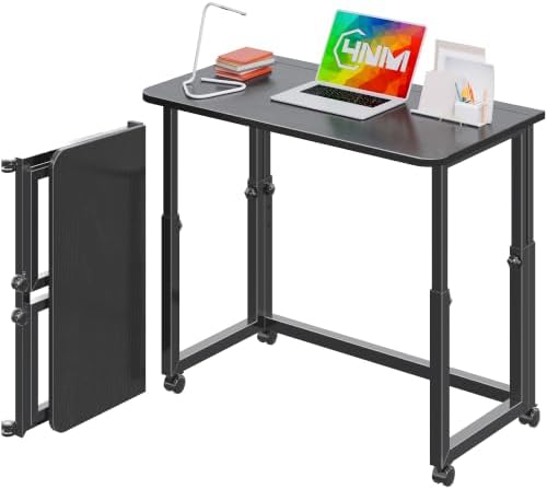 4NM No Tool Assembly 31.5" Small Desk, Folding Portable Desk with Wheels, Adjustable Height Foldable Computer Home Office Desks, Collapsible Study Writing Table for Space Saving Bedroom - All Black by 4NM