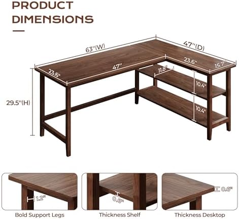 IOTXY 63" Reversible L-Shaped Office Desk with Storage Shelves, Walnut - Image 2