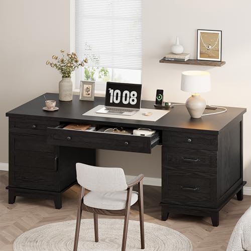 60" Traditional Home Office Desk with Power Outlets, Wooden Executive Desk with File Cabinet and Drawers, Farmhouse Wood Work Desk for Work, Study, Writing, Black by SLEKVERSA