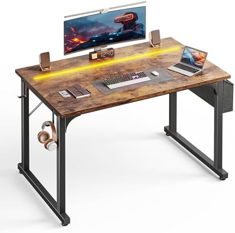 DurayLoly 40" Computer Desk with Waterproof LED Lights for Bedroom,Brown by Durayloly