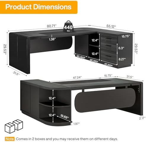 Tribesigns 80'' L-Shaped Desk, Large Executive Office Desk with 55'' Drawers Cabinet, Modern Commercial Office Table with Storage Shelves, Business Furniture for Home Office, Grey & Black - Image 2
